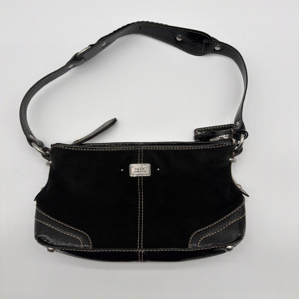 The Sak Black Suede Patent Leather Shoulder Bag 11x6 Small Hobo Classic